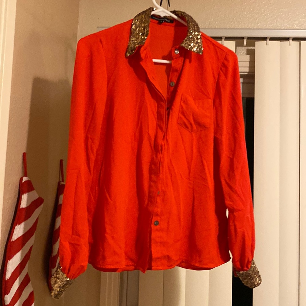 Foreign Exchangebutton Down Sequin Collared Red - image 1